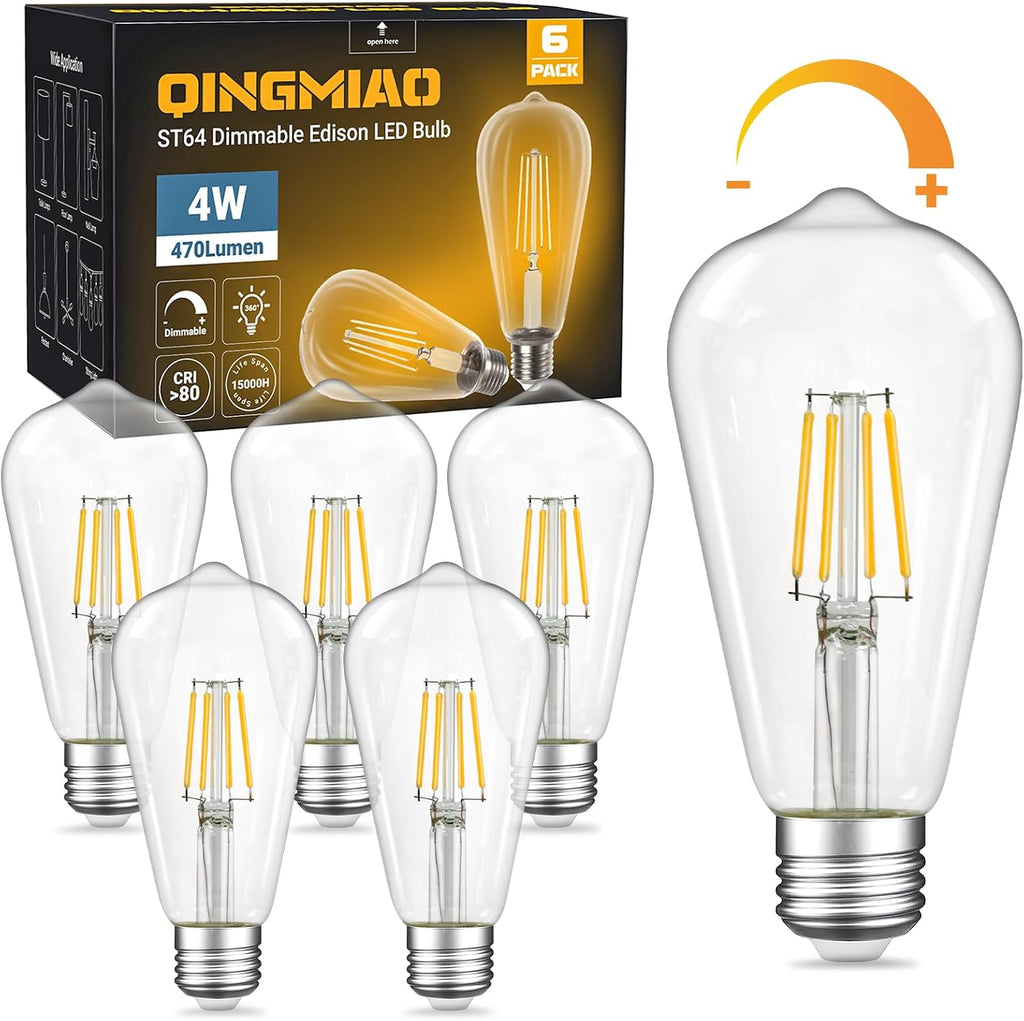 Dimmable ST64 LED Edison Bulbs, 4W 3000K Soft, E26, 6 Pack