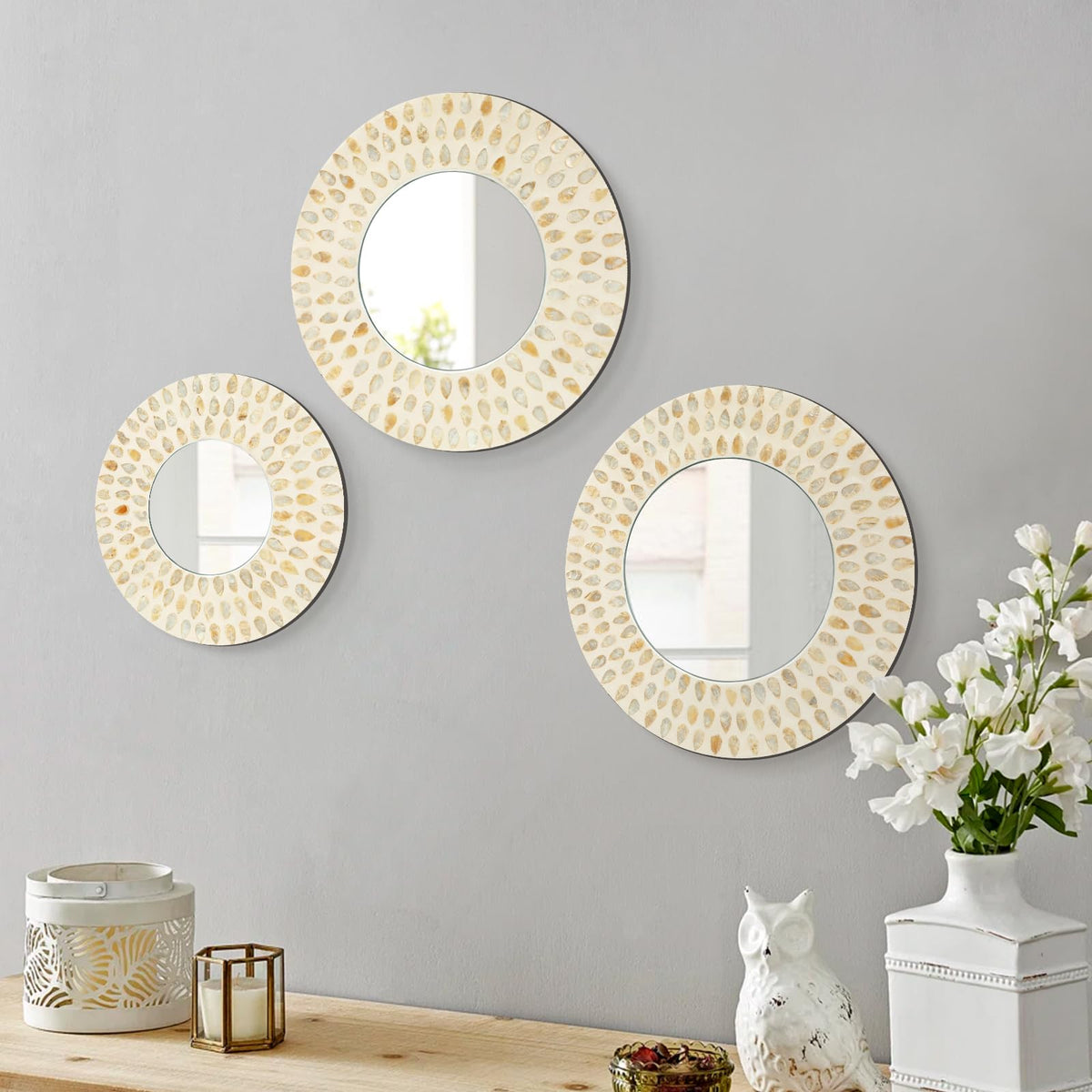 Boho Mirror Wall Decor, Natural Mother of Pearl Art