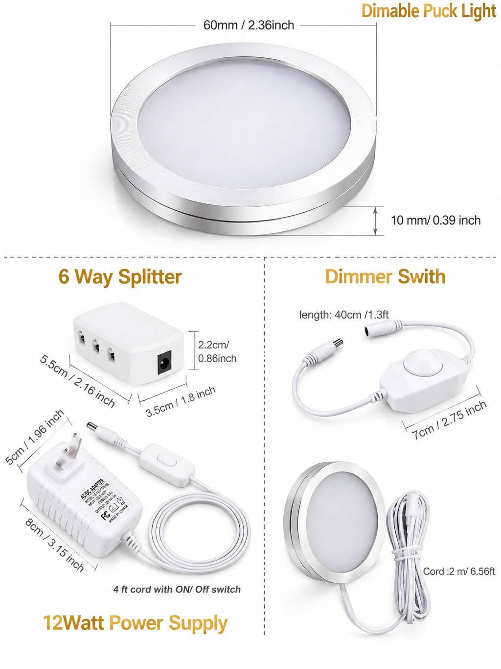 LED Puck Lights 6-Pack, Dimmable Under Cabinet Lights 6000K White