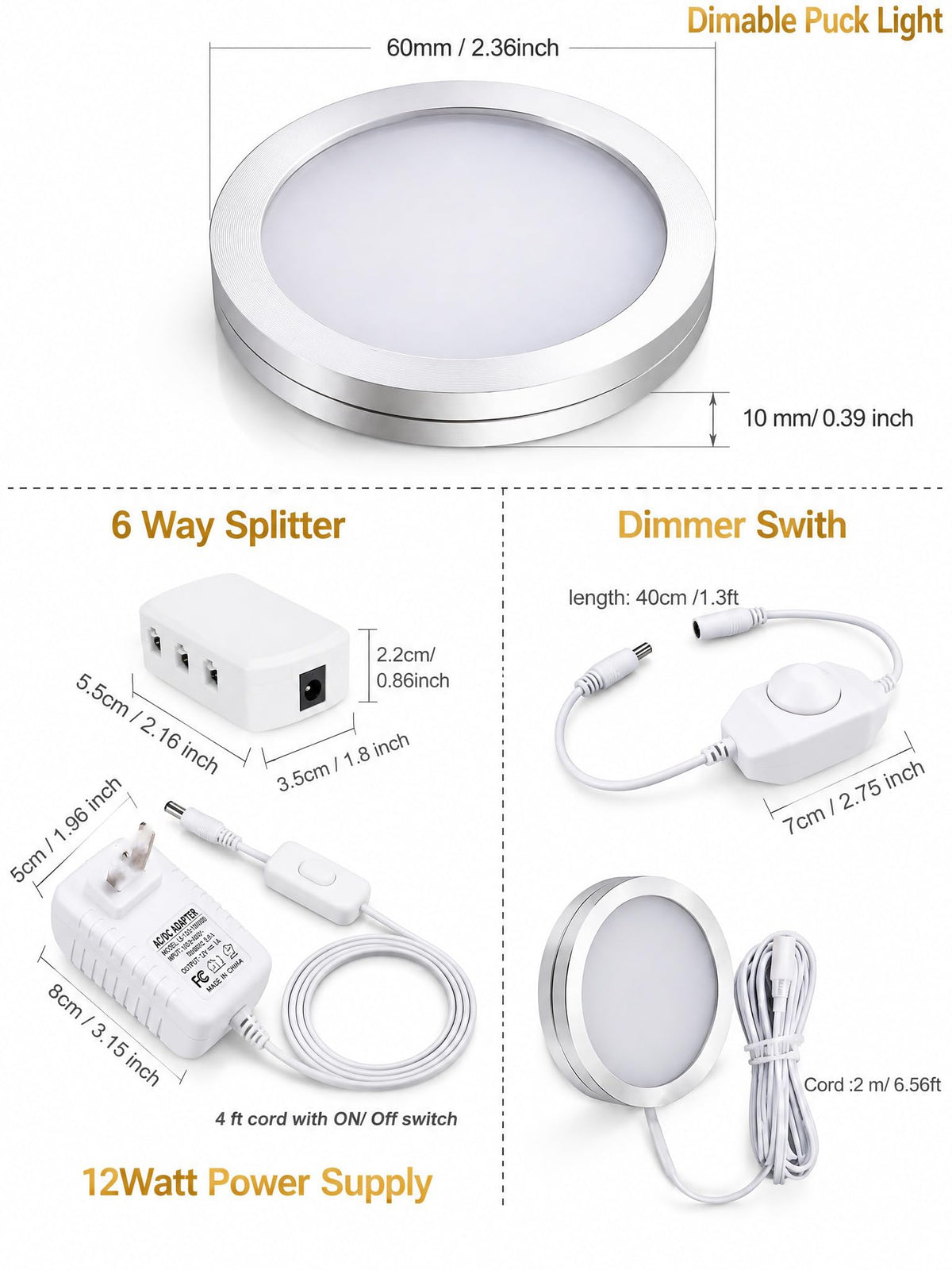 LED Puck Lights 6-Pack, Dimmable Under Cabinet Lights 6000K White