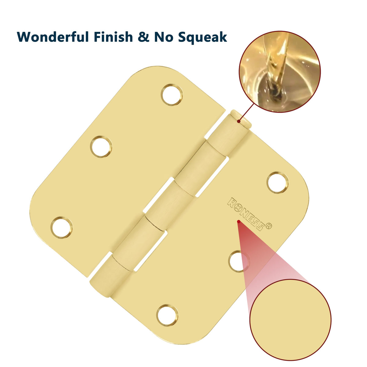 24 Pack Polished Gold Door Hinges 3.5 Inch, 5/8" Radius Rounded, Standard Residential for Doors 3 1⁄2", Sturdy Hinges