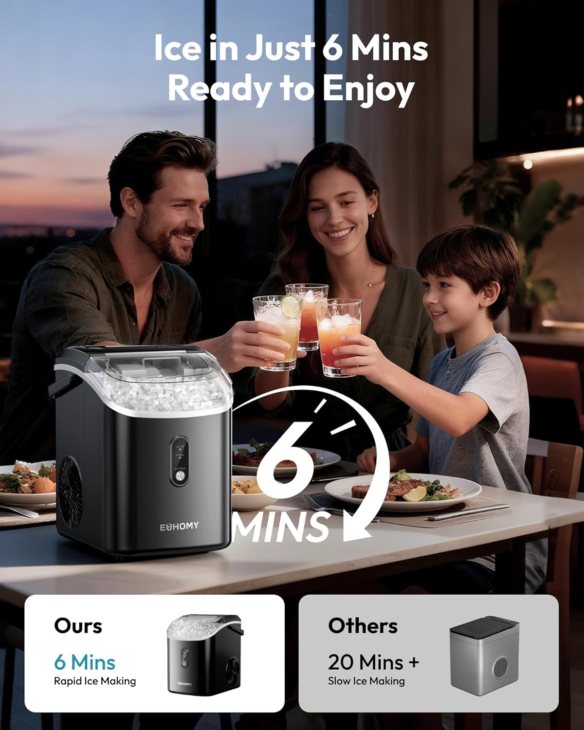 Nugget Ice Maker Countertop with Handle, Ready in 6 Mins, 38lbs/Day, Removable Top Cover, Self-Cleaning, Portable