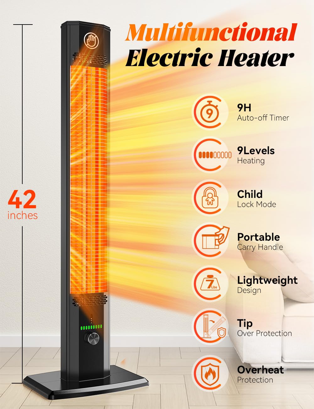 42 Inch Outdoor Heaters Electric, 9 Heat Levels, 1500W