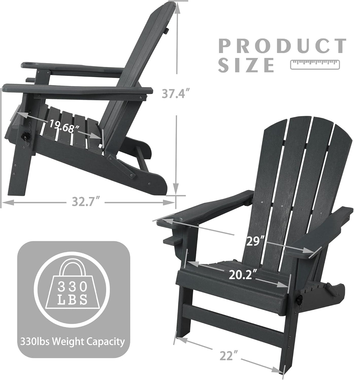 Folding Adirondack Chair, Patio Outdoor Chairs | HDPE Plastic Resin Deck Chair, Painted Weather Resistant for Garden