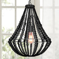 Boho Light Fixtures Wood Beaded Chandelier Farmhouse Pendant Light 1-Light Black 16.5" Ceiling Hanging Light, Dining
