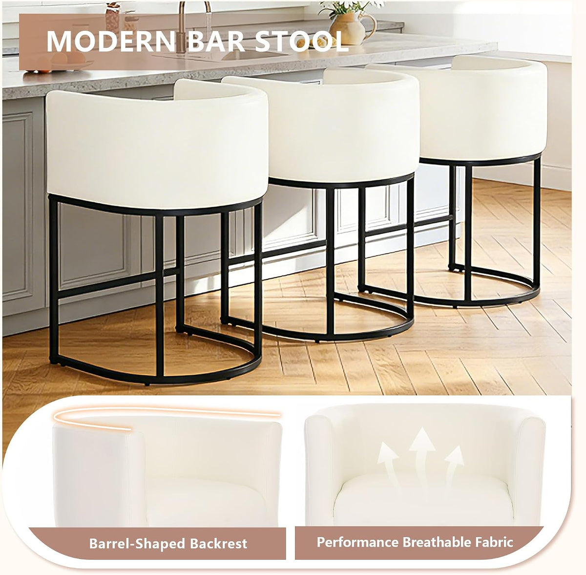 26" H Counter Height Bar Stools Set of 3, Modern Barrel Counter Chairs with Backrest and Arms, Faux Leather
