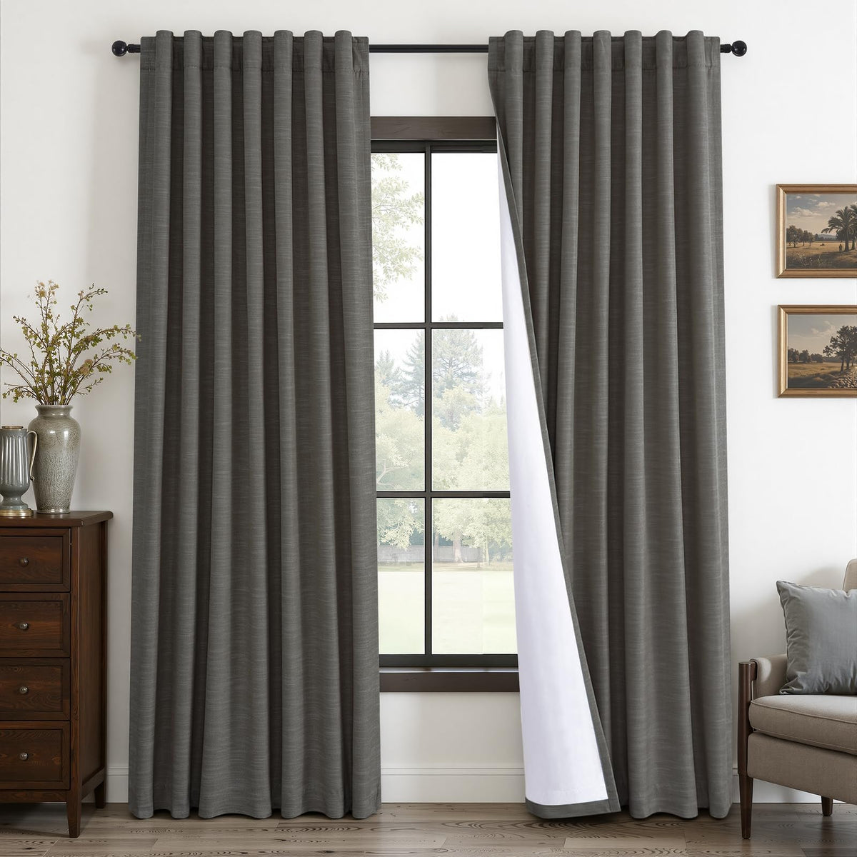 Carbon Grey 84 Inch Total Blackout Bedroom Curtains, Farmhouse Linen Drapes with Rod Pocket & Back Tabs for Sliding