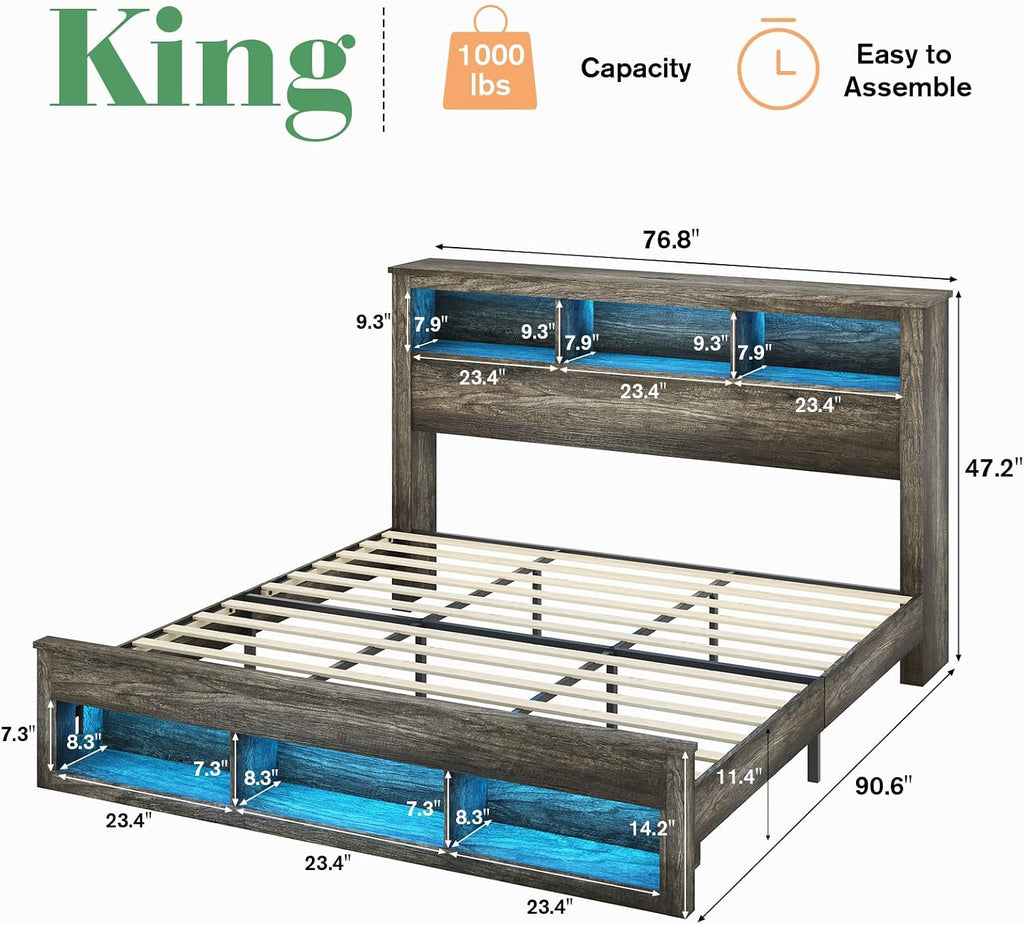 King Bed Frame with 47.2” Bookcase Storage Headboard & Footboard, Farmhouse Wooden Platform Bed with LED Light & Charging Station, No Box Spring Needed, Noise Free, Rustic Gray