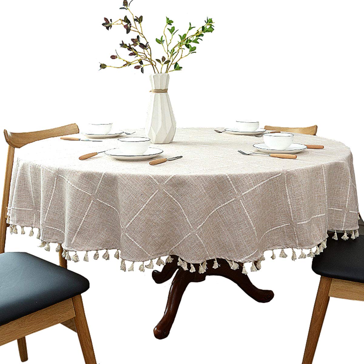 Heavy Weight Cotton Linen Tablecloth, Plaid Tassel Round Table Cover Dining Room Tabletop Decorations, Round - 70"