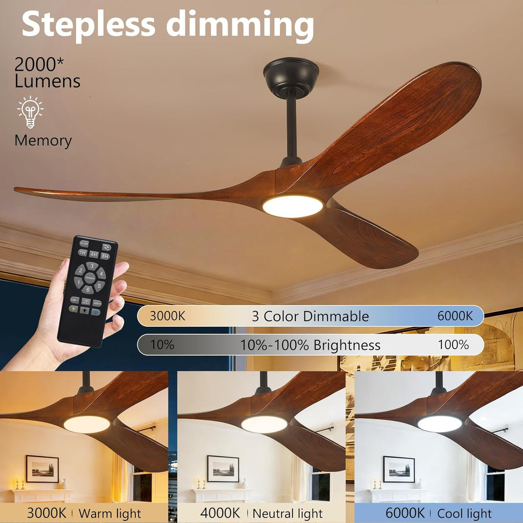 52" Wood Outdoor Ceiling Fan with Light & Remote