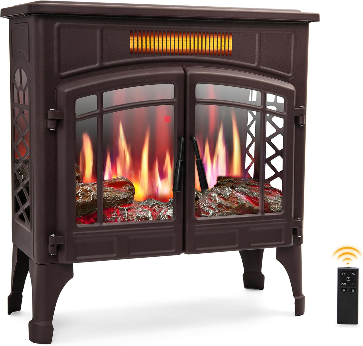 Freestanding Electric Fireplace Stove Heater with 3D Realistic Flame Effect, Overheat Protection, Indoor Space Heater, 750W/1500W, Retro Brown