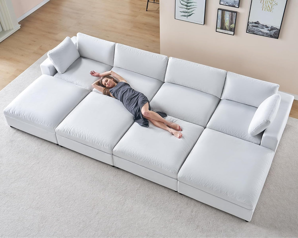 152" Modular Sectional Sofa, 6 Seats U Shaped Cloud Couch, White Linen