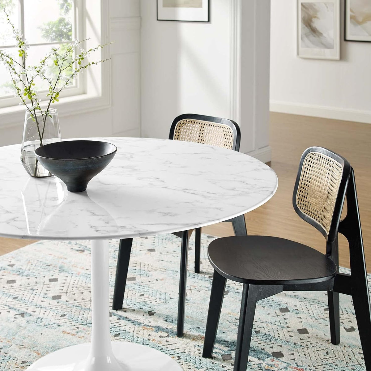 Inspired Saarinen Style Tulip Round Pedestal Dining Table — White Marble Top, 47″ Round