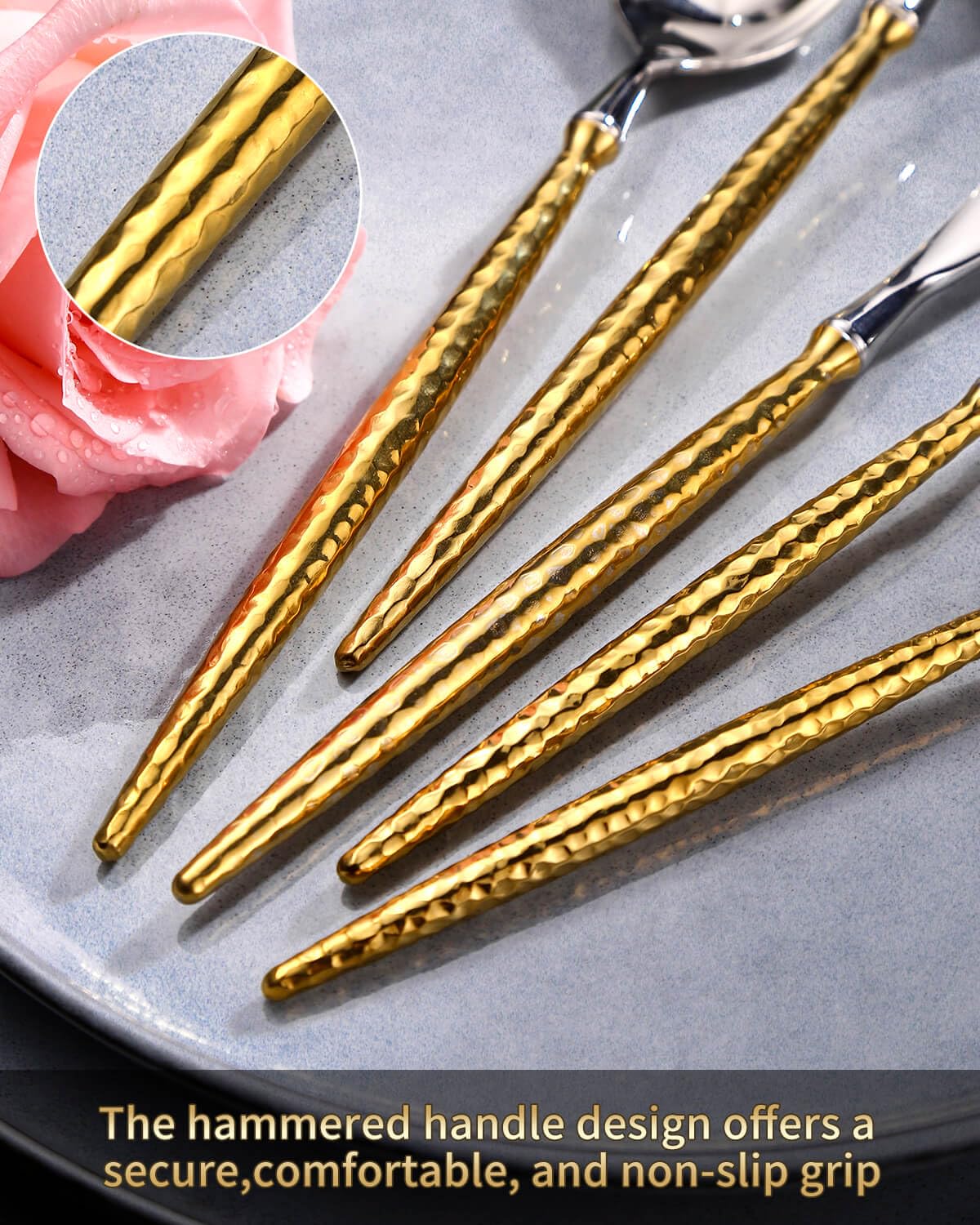 20-Piece Hammered Silver Gold Silverware Set,18/10 Stainless Steel Forging Heavy Duty Cutlery Set for 4, Luxury