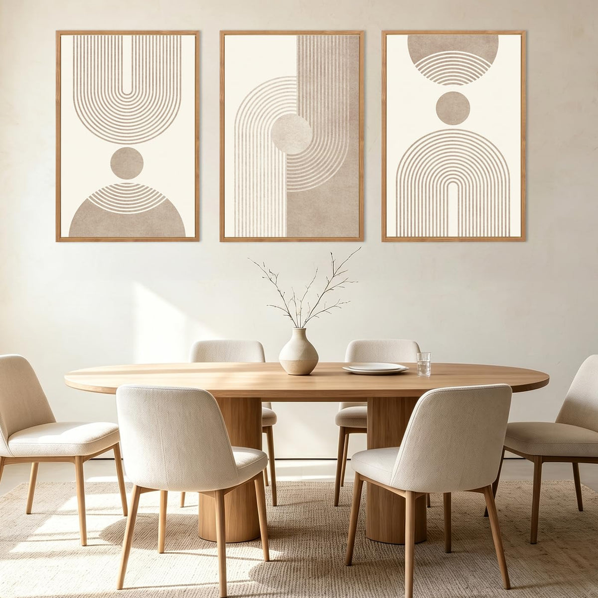 Beige Neutral Canvas Wall Art Boho Pictures Wall Decor Framed Geometric Abstract Artwork Modern Paintings Bedroom