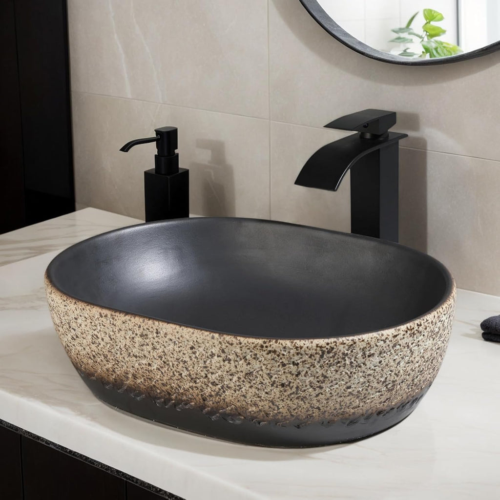 19 Inch Stone Bathroom Sink Basin with Waterfall Faucet and Pop-up Drain Combo,Tan Travertine Vessel Sink Above