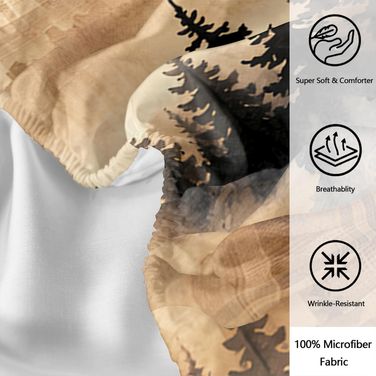 Misty Pine Bedding Collection, Beige Check Tree Silhouette 4 Piece with Fitted and Flat Sheets, 2 Pillowcases