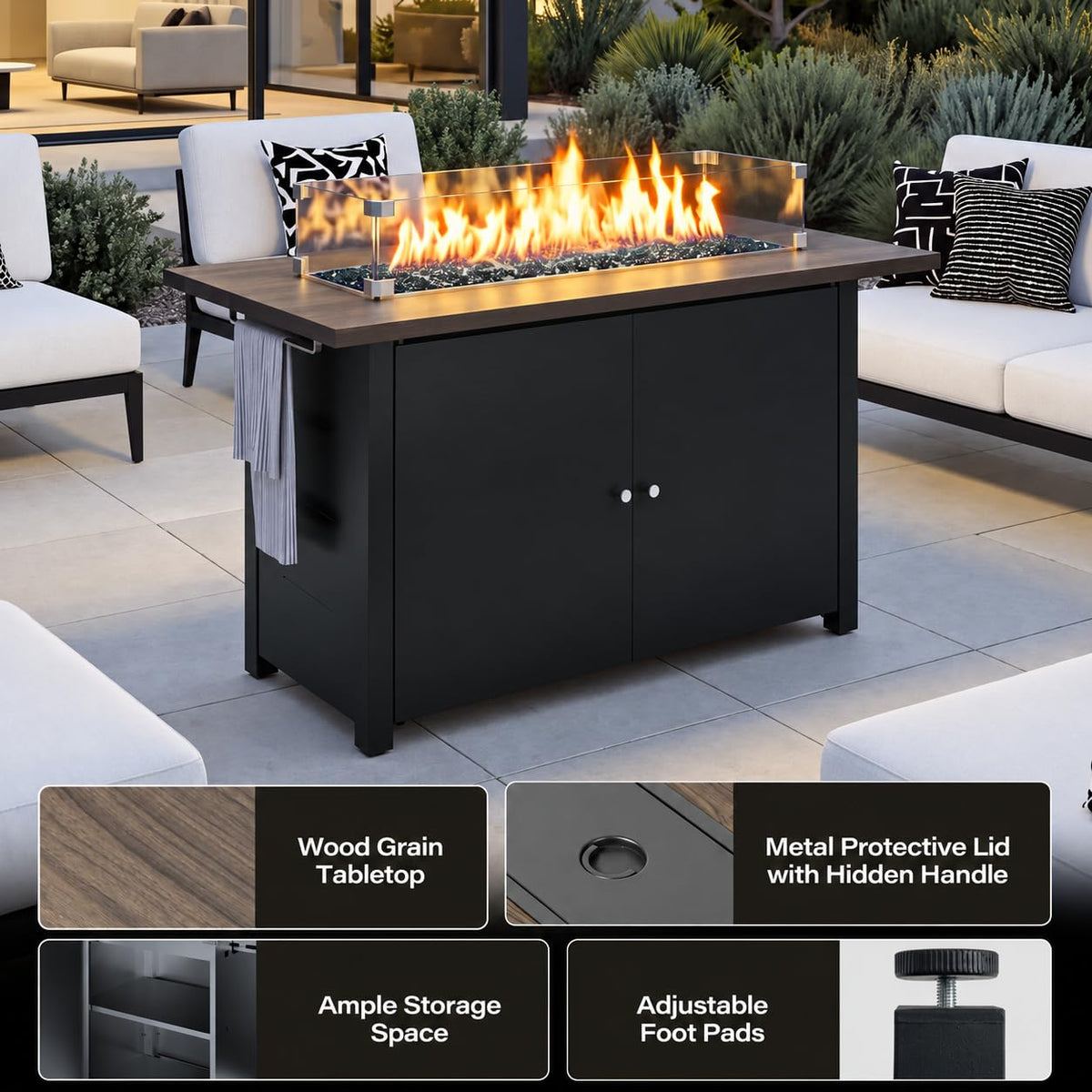 Propane Fire Pit Table 43 Inch with Lid, 60, 000 BTU Gas Fire Pits for Outside Patio with Glass Wind Guard, Dark Black