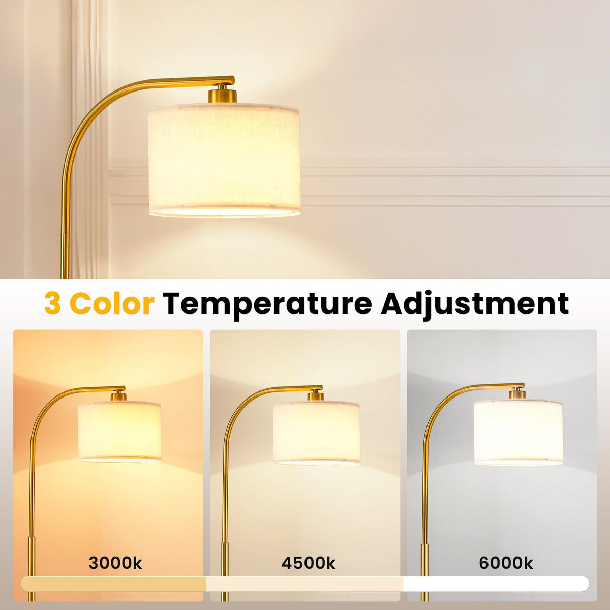 Tall Floor Lamp,65'' Modern Standing Lamps with 9W LED Bulb,Elegant Floor Light with Fabric Shade,Gold Tall Lamp