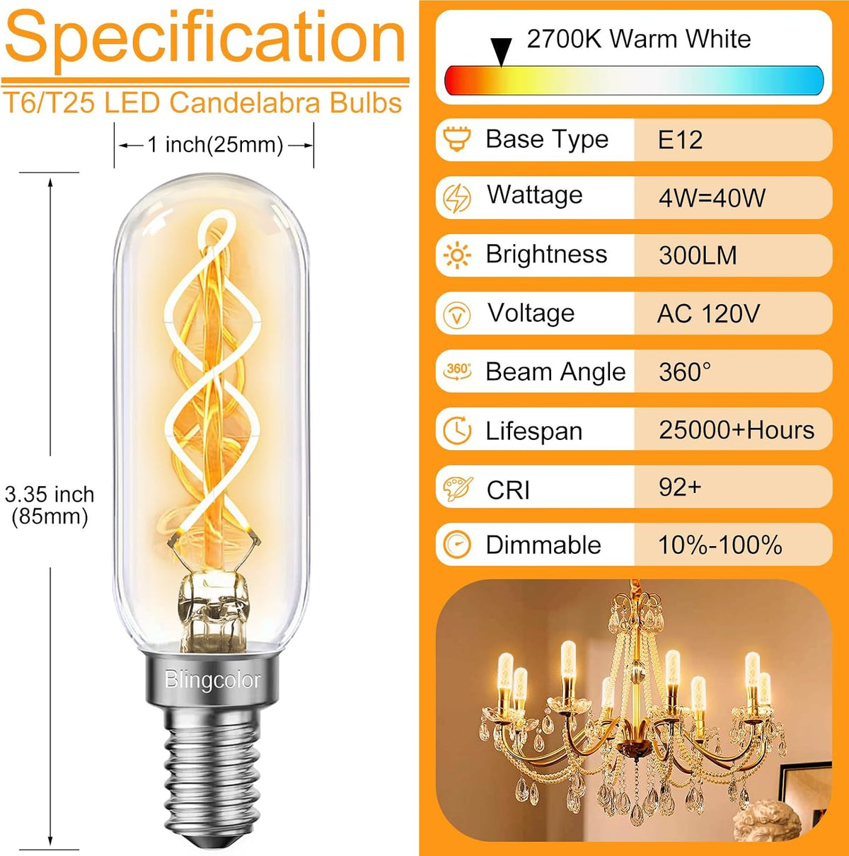 6 Pack Dimmable E12 LED Edison Candelabra Bulbs 40 Watt, Warm White 2700K