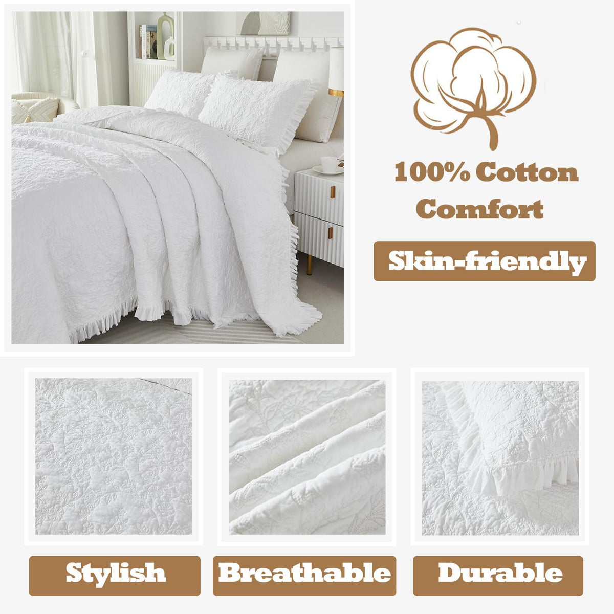 White Quilts Cotton Matelasse Coverlet Set Cottagecore Bedding Ruffle Bedspread Set 3-Piece