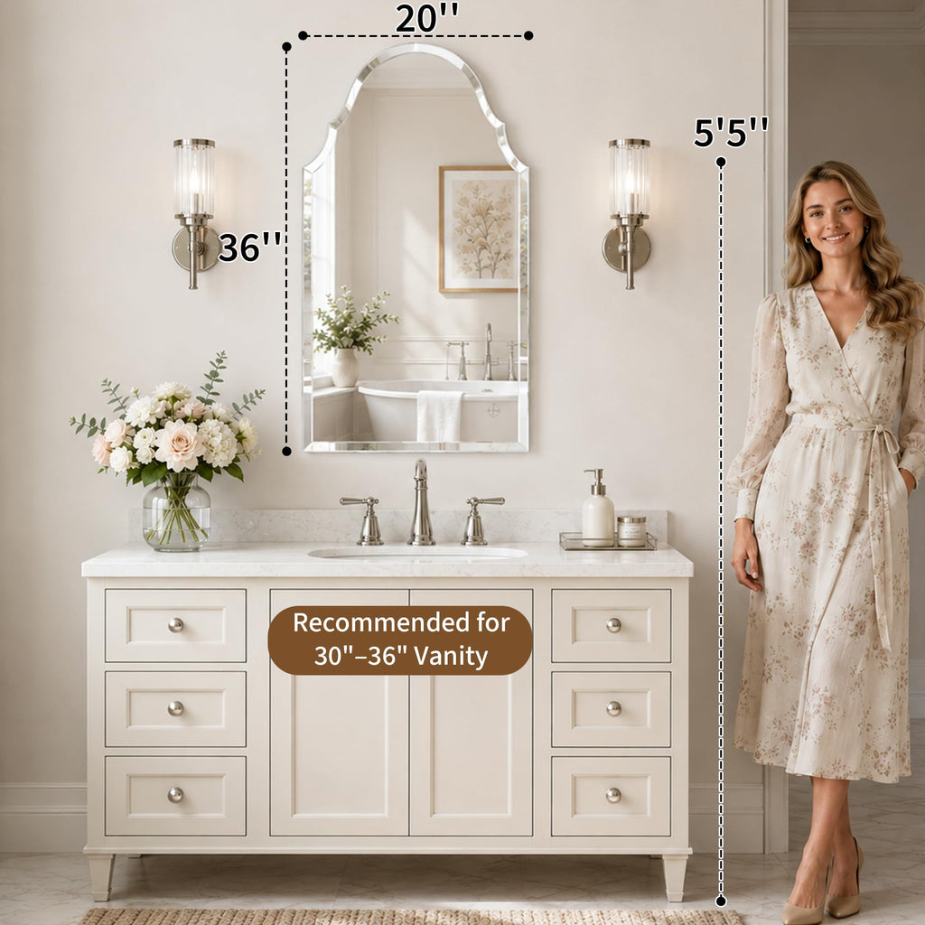 20x36 Inch Scalloped Arch Frameless Beveled Wall Mirror for Vanity