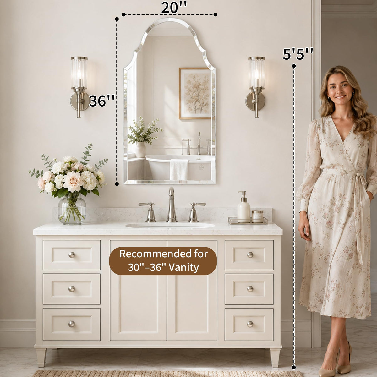 20x36 Inch Scalloped Arch Frameless Beveled Wall Mirror for Vanity