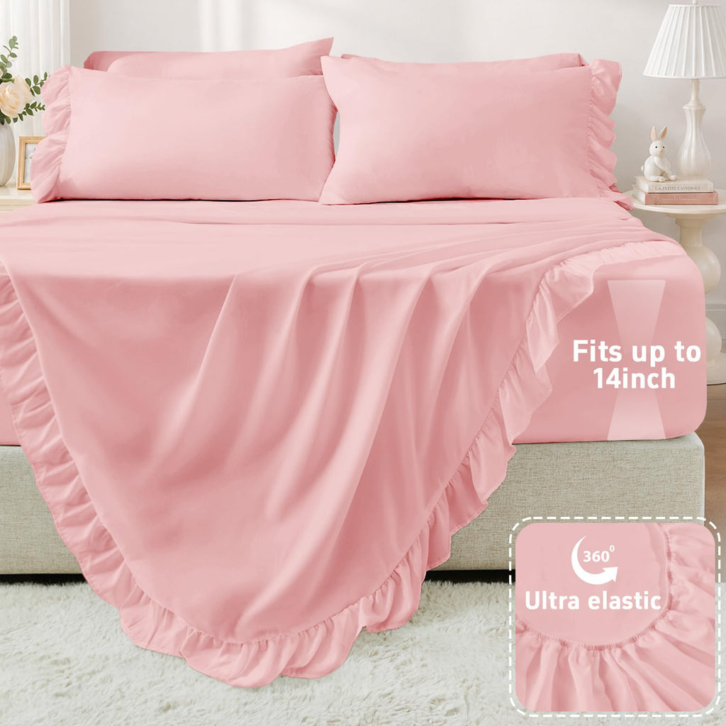 Sheet Set 4 Pieces - Pink Sheets with 4-Inch Ruffles Bed Skirt