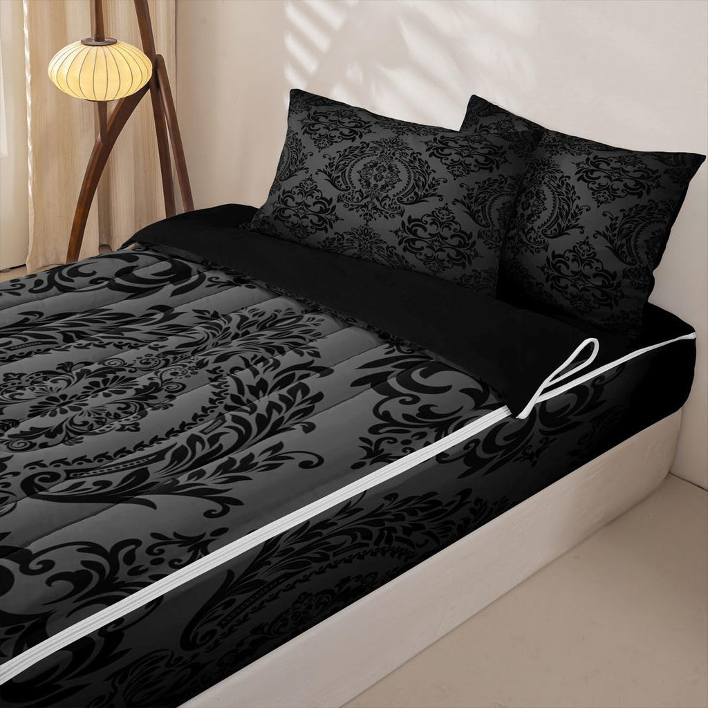 Black Gothic Damask Floral Comforter Set Full Zipper Bedding Set