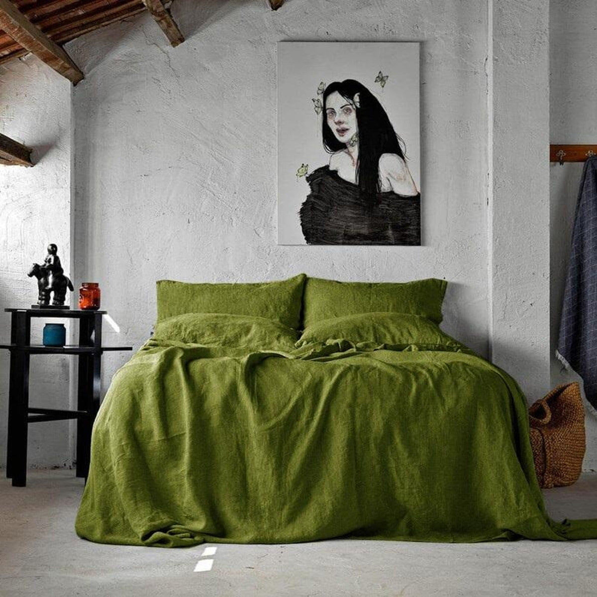 3 Piece Linen Bedding Set Olive Green Duvet and Stonewashed Quilt Cover Bedding Size Comforter Cover