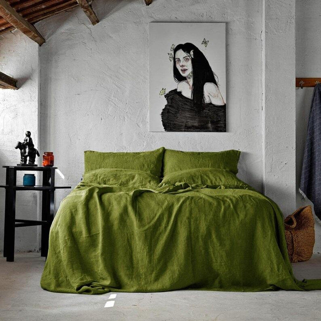 3 Piece Linen Bedding Set Olive Green Duvet and Stonewashed Quilt Cover Bedding Size Comforter Cover