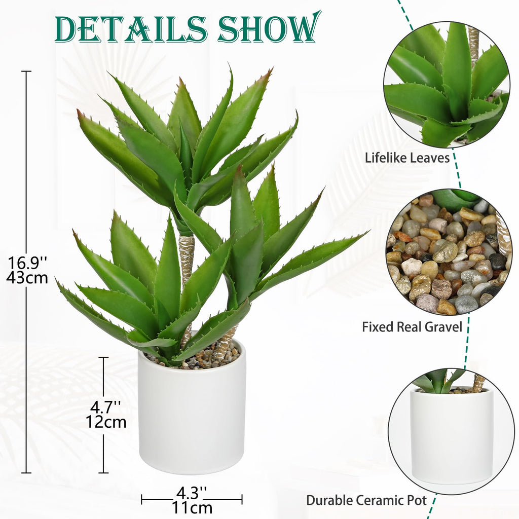 Large Artificial Agave Plants Fake Three-Head Agave Succulents Plant Potted 17" Faux Plant in White Pot Succulent