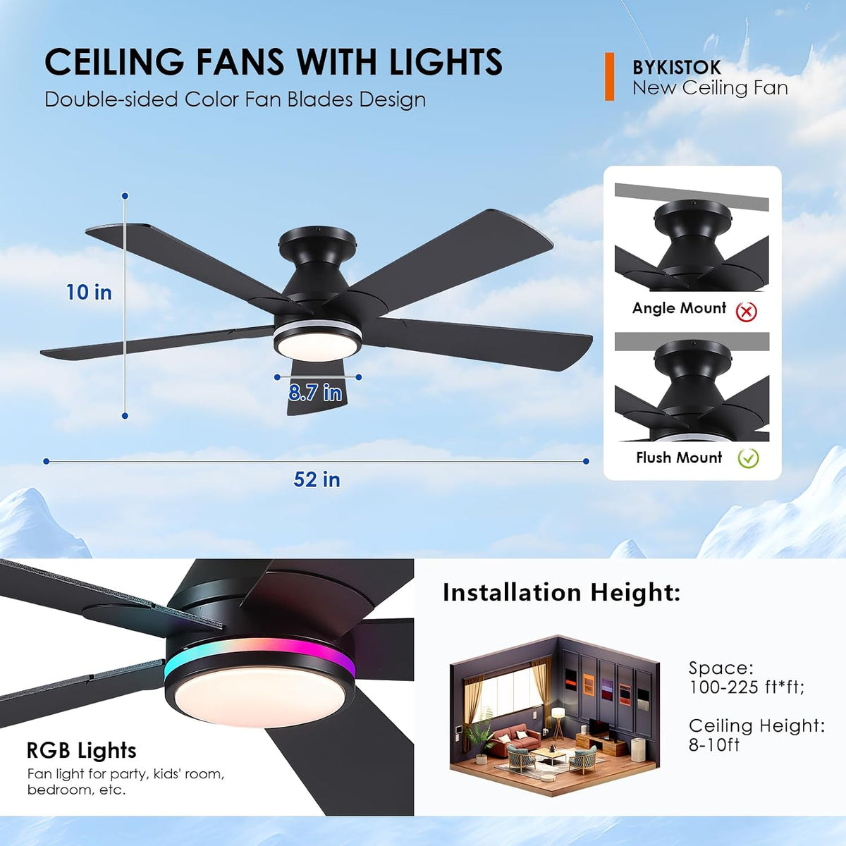 52" Black Flush Mount Ceiling Fan with Light & Remote
