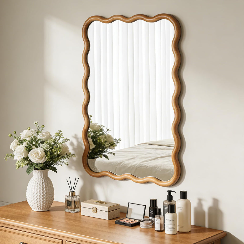 24"x36" Wavy Wood Mirror, Natural Wood Boho Accent Wall Mirror with Wooden Frame, Decorative Wall Mounted Mirror for