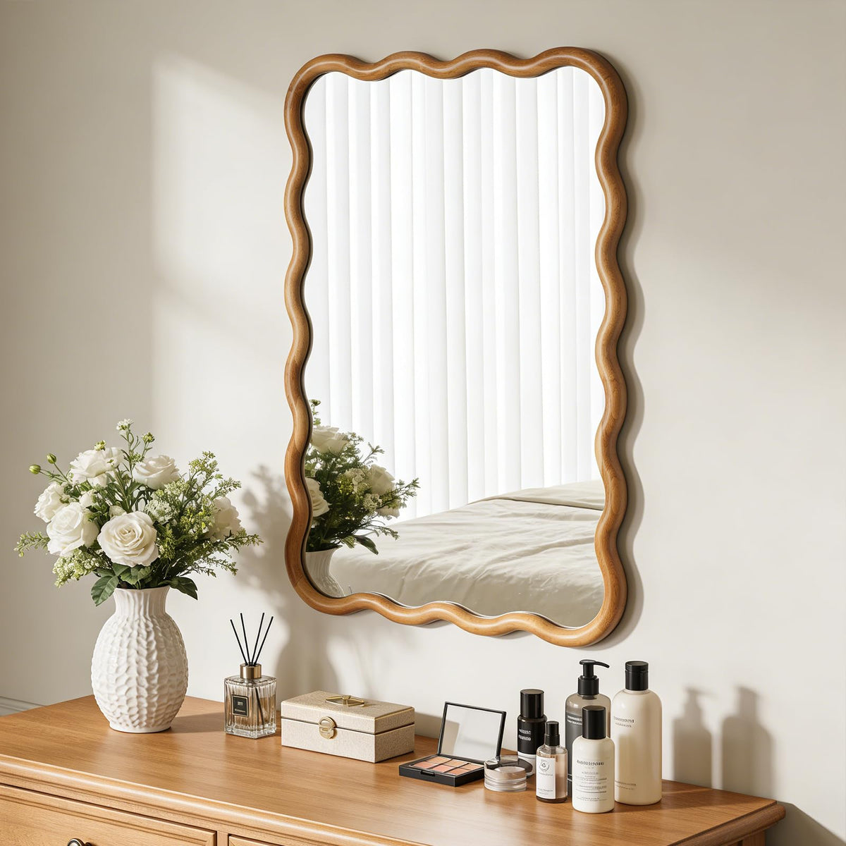 24"x36" Wavy Wood Mirror, Natural Wood Boho Accent Wall Mirror with Wooden Frame, Decorative Wall Mounted Mirror for