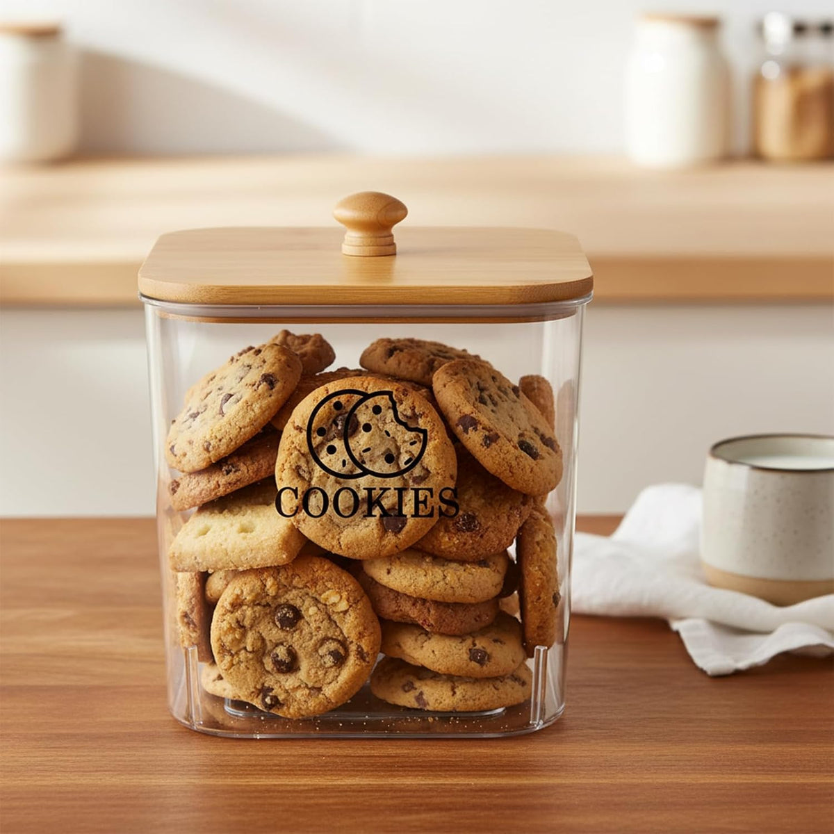 Cookie Jars with Wooden Lids Airtight, 2L Plastic Cookie Tin, Wide Mouth Candy Jar, Kitchen Counter Food Storage