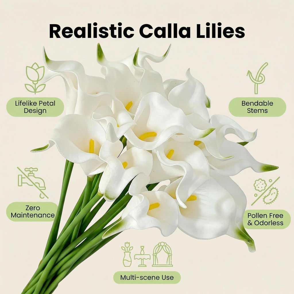 10 Stems Real Touch Calla Lily Artificial Flowers, 15.7in White Faux Calla Lilies with PU Blooms and Bendable Stems