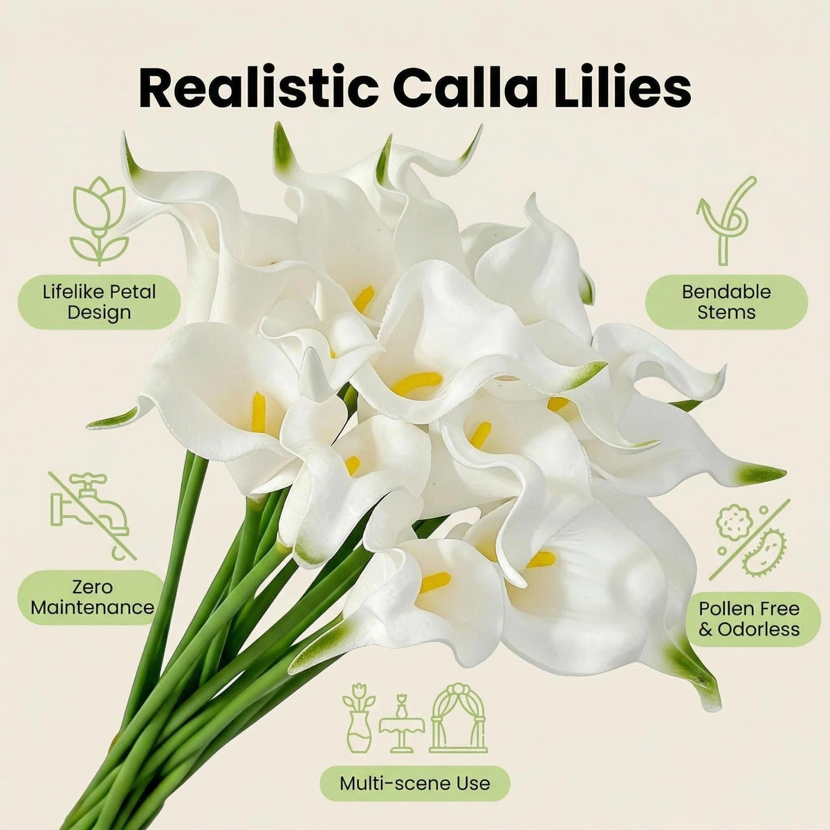10 Stems Real Touch Calla Lily Artificial Flowers, 15.7in White Faux Calla Lilies with PU Blooms and Bendable Stems
