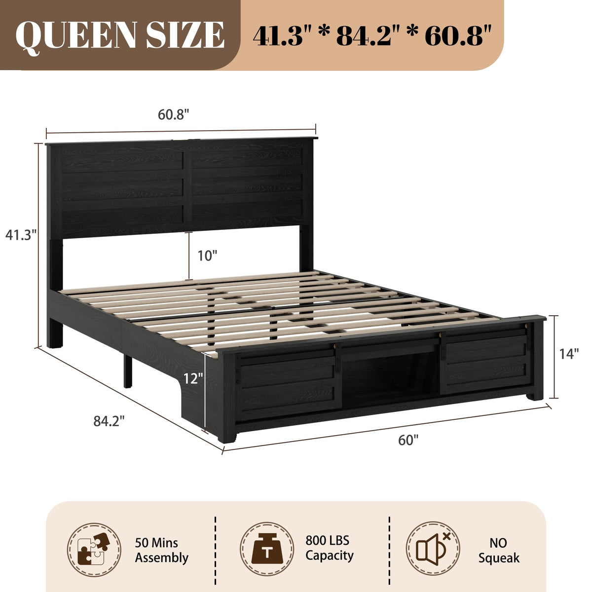 Wooden Bed Frame with Rustic Headboard Storage Bed Frame