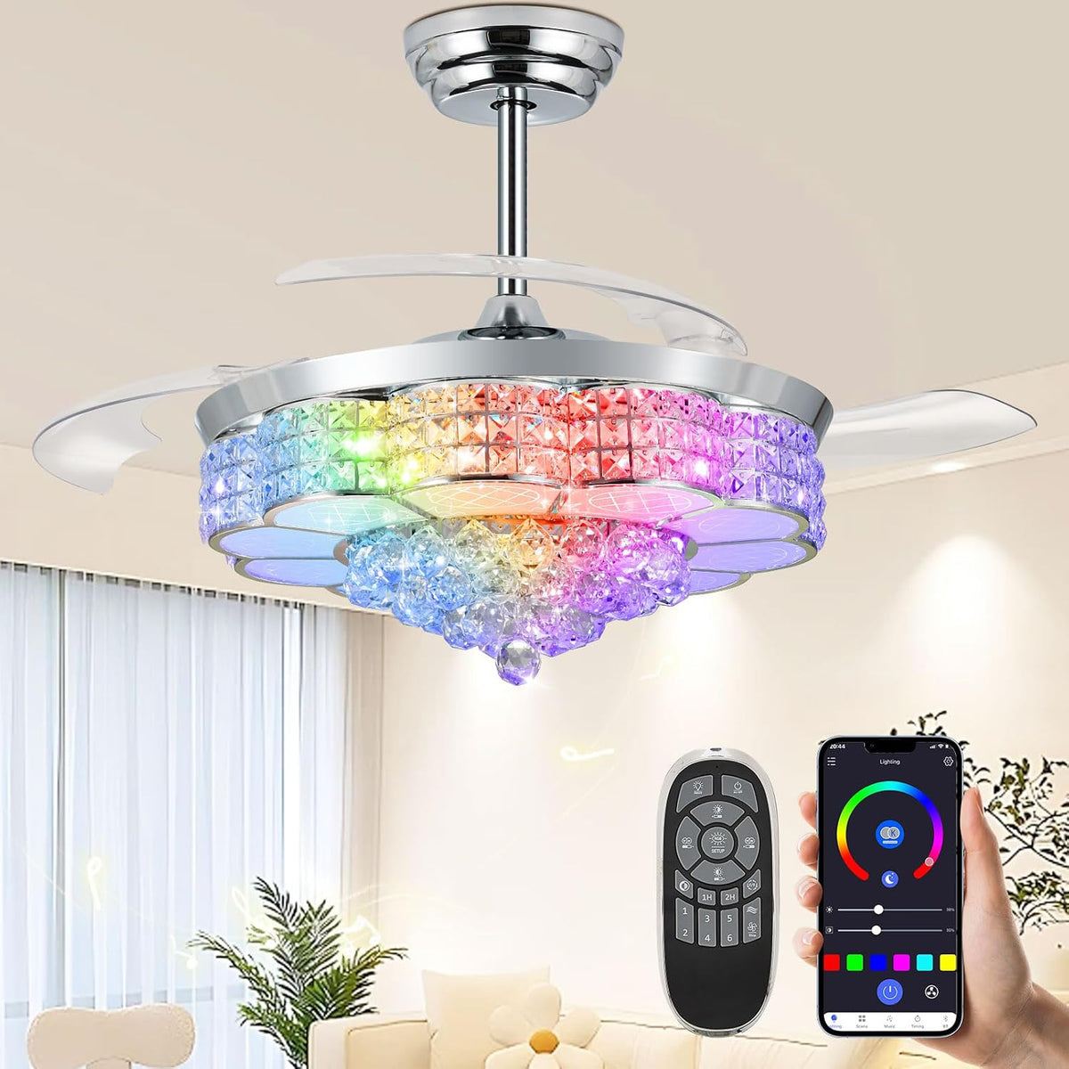 52" Crystal Retractable Ceiling Fan with Light & Remote