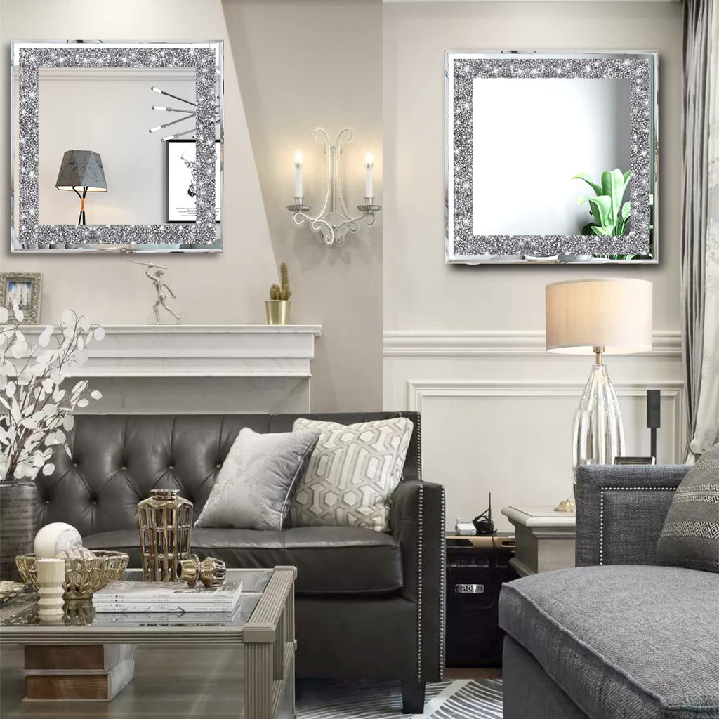 2 Piece Wall Mirrors, Crush Diamond Mirrors Decor, Silver Decorative Bedroom, Bathroom. (12"x12")