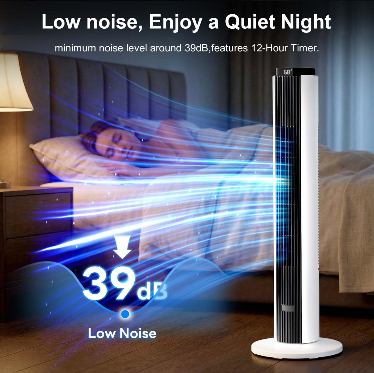 37-Inch Bladeless Portable Tower Fan 80°Oscillating,Quiet Cooling with 12H Timer Remote Control, 6 Speed, 4 Modes