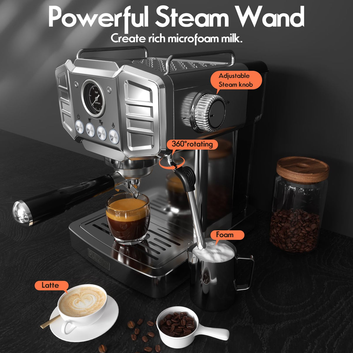 Espresso Machine,Stainless Steel Coffee Machine,Visible Pressure Guagem