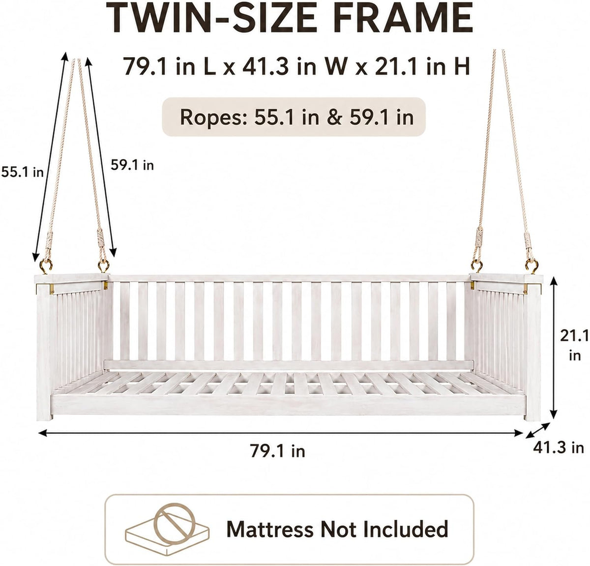Outdoor Porch Swing Bed, Twin Size Acacia Wood Daybed (White) | Acacia Wood Frame, Hemp Ropes, Fits Twin Mattress