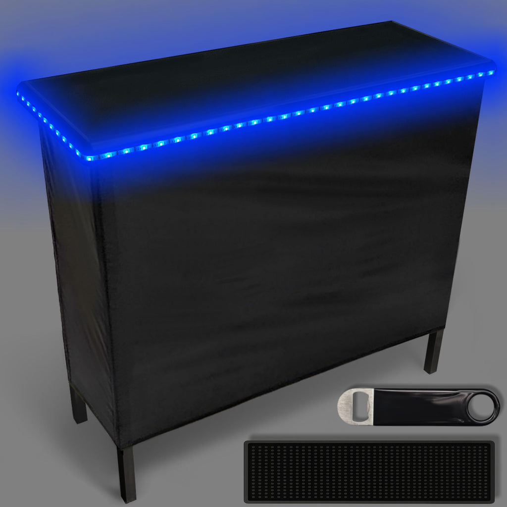 PartyLife NEW & Improved Portable Bar Table w/LED Lights, Folding Steel Legs, 2 Bar Skirts, Supportive Storage Shelf