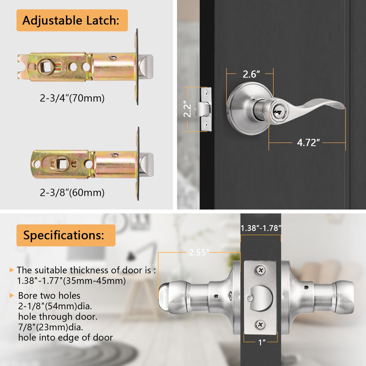 Keyed Alike Brushed Nickel Door Handle, Wave Style Entry Door Handles, Door Levers Lockset for Interior and Exterior