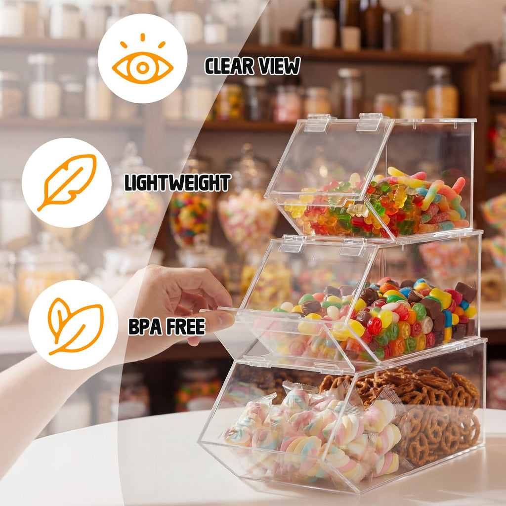 Set of 3 Stackable Candy Bins, Acrylic Pantry Storage, 3 Sizes