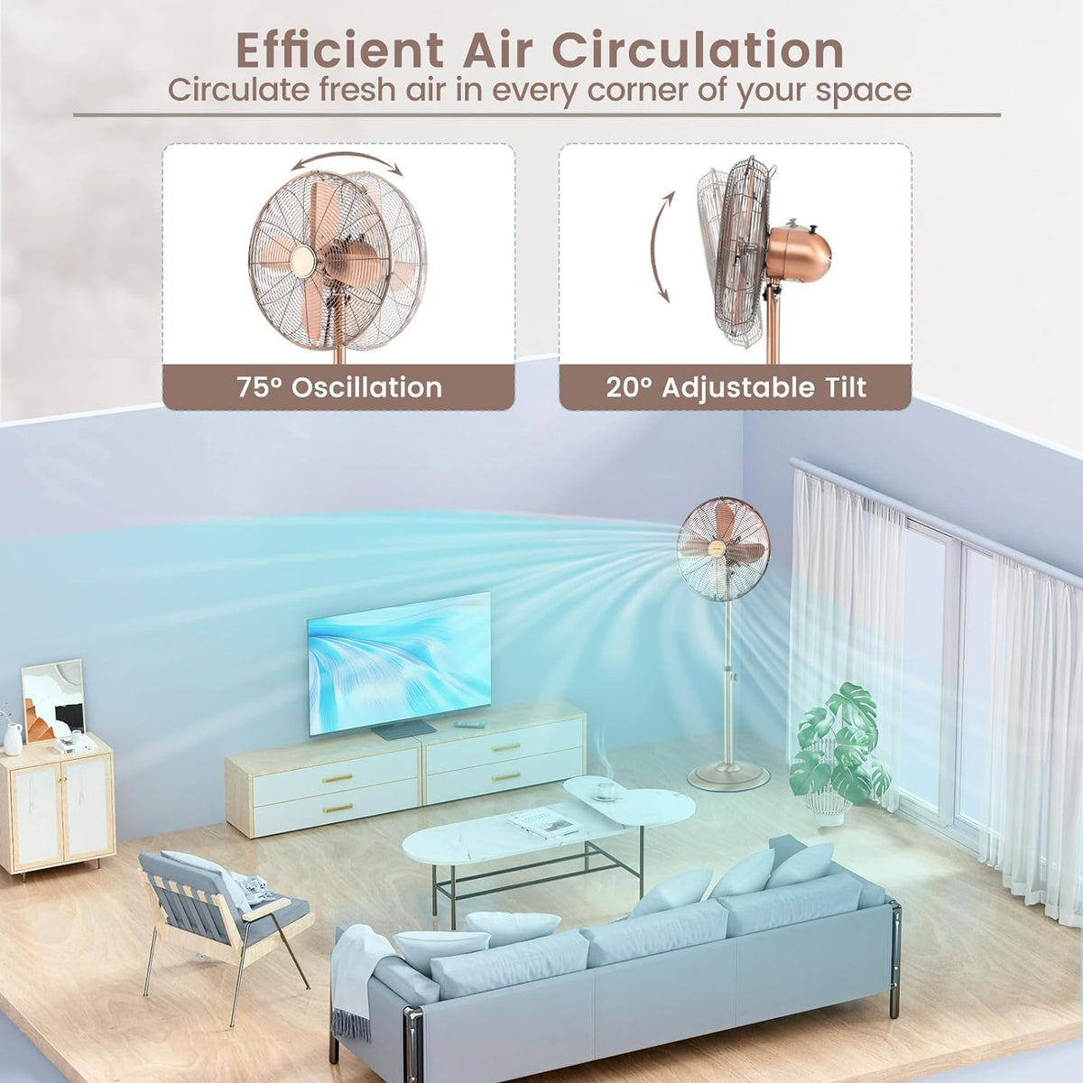 Pedestal Fan, 16'' Oscillating Fan with 3 Speed, Wide Spead, Adjustable Height & Angle, Low Noise Floor Fan w/ 75°
