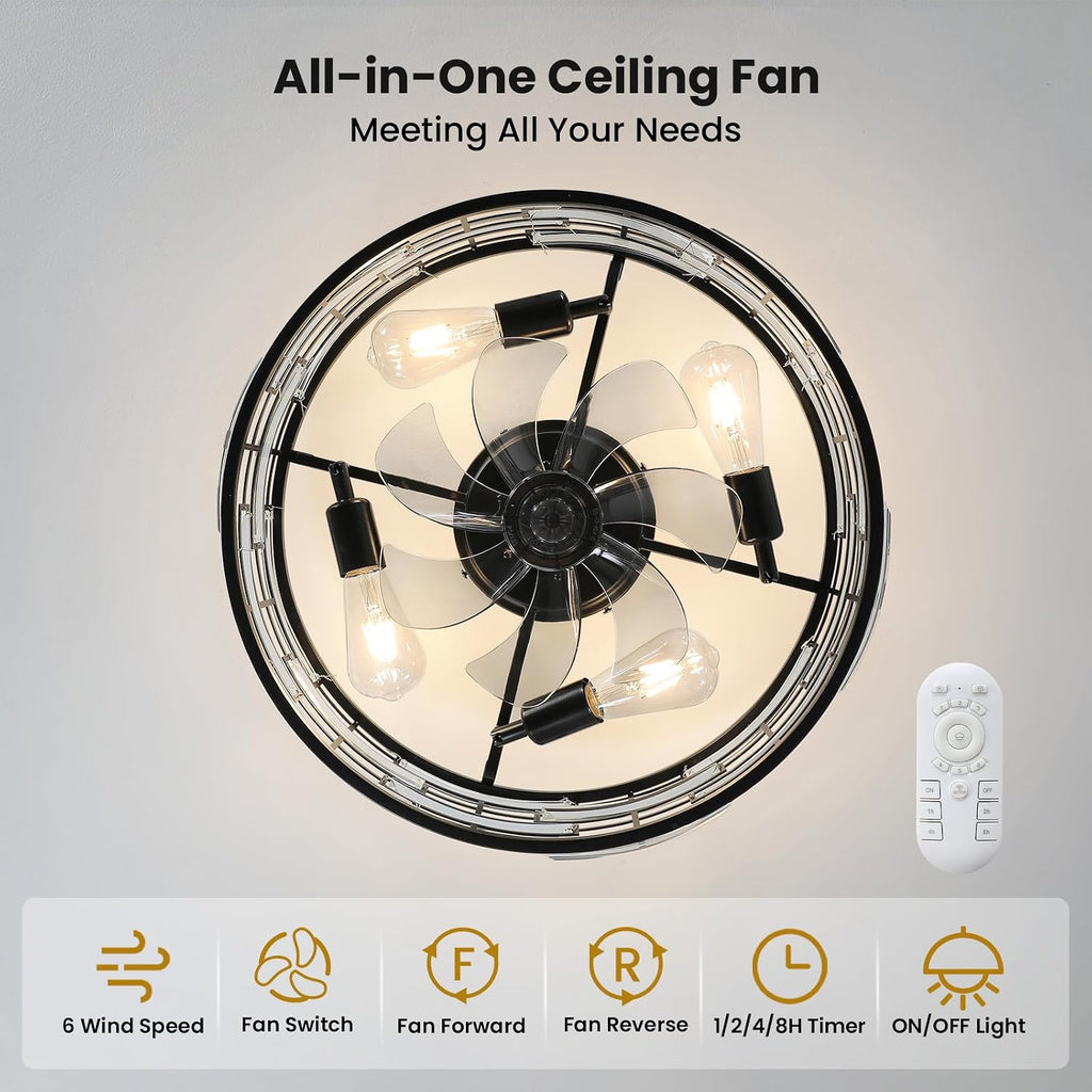 18.9" Black Flush Mount Caged Crystal Ceiling Fan with Light