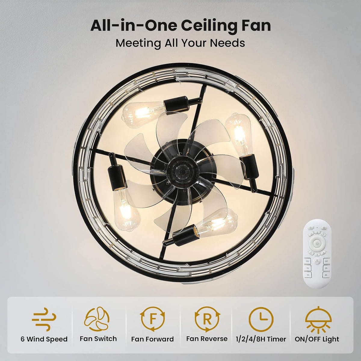 Crystal Caged Ceiling Fan with Light, 18.9'' Flush Mount Low Profile Fandelier, Black Industrial Farmhouse